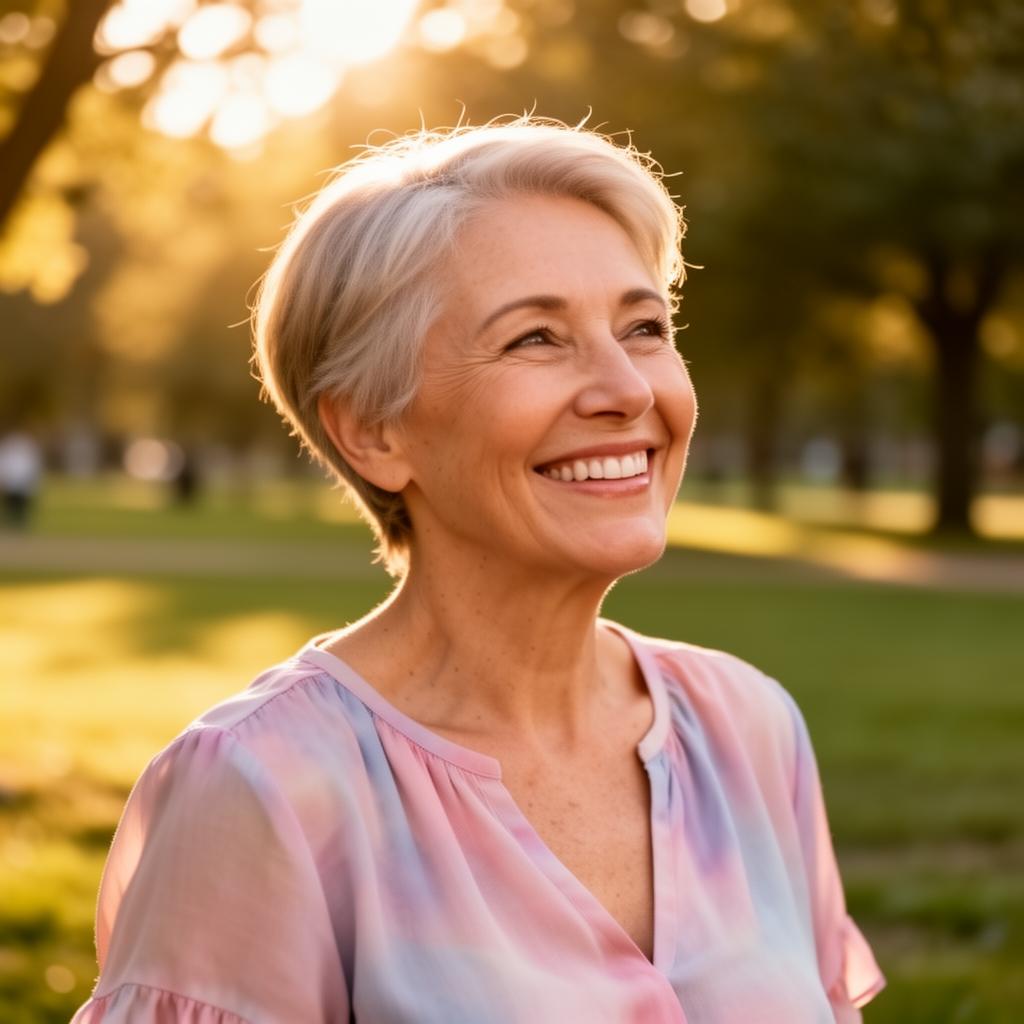 Mulher sorrindo ao ar livre, recuperada do tratamento de câncer.